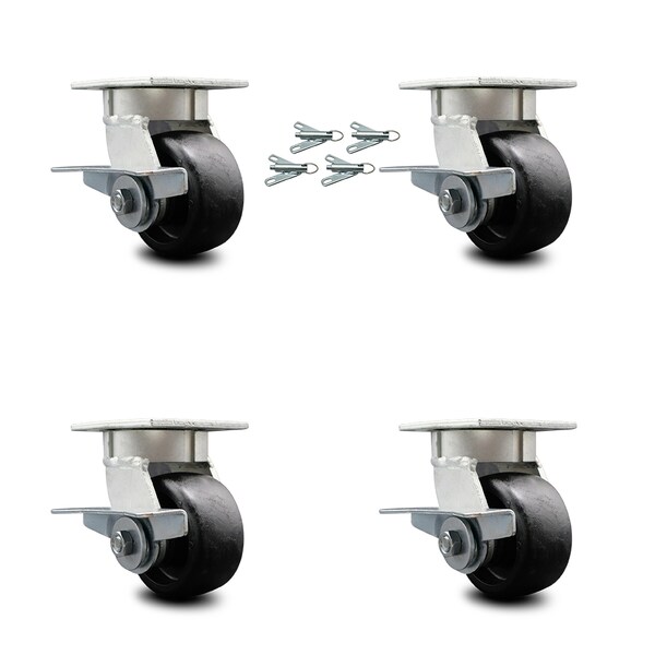 4 Inch Kingpinless Glass Filled Nylon Caster Set with Brakes and Swivel Locks